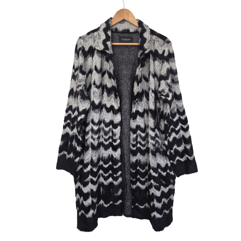 Liverpool Wavy Stripe Cardigan Open Front Womens XL Black Grey NWT $139